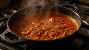 Homemade pizza sauce recipes simmering on stove
